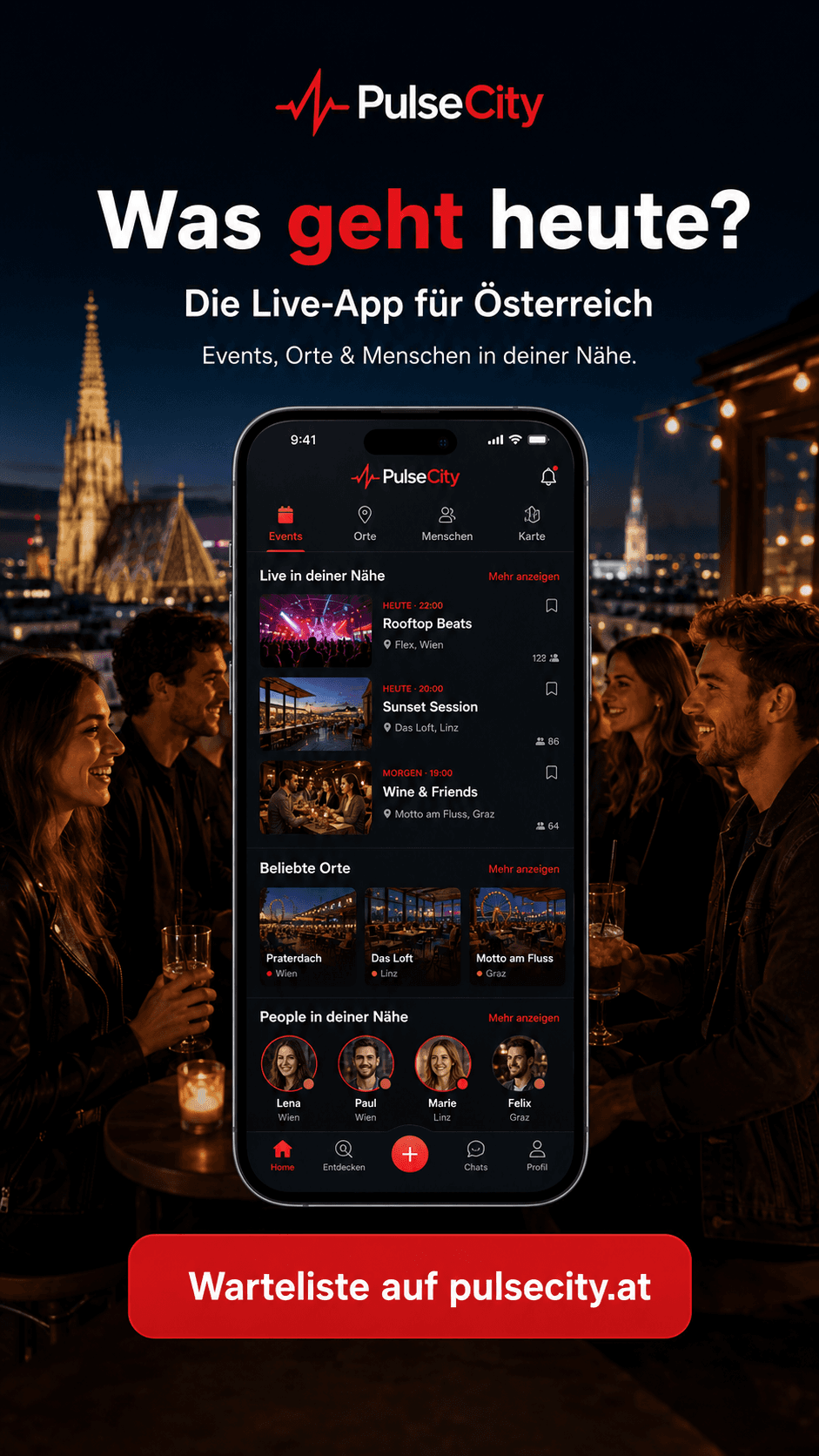 PulseCity Marketingbild: Was geht heute? Die Live-App für Österreich.