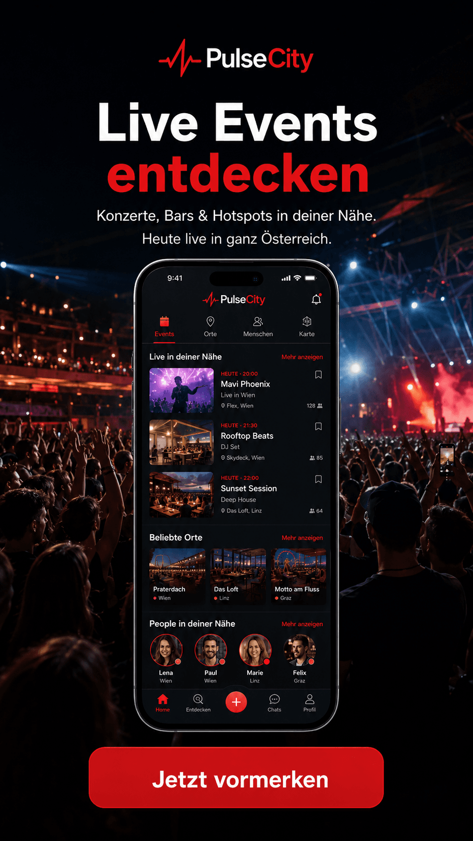 PulseCity Marketingbild: Live Events entdecken.